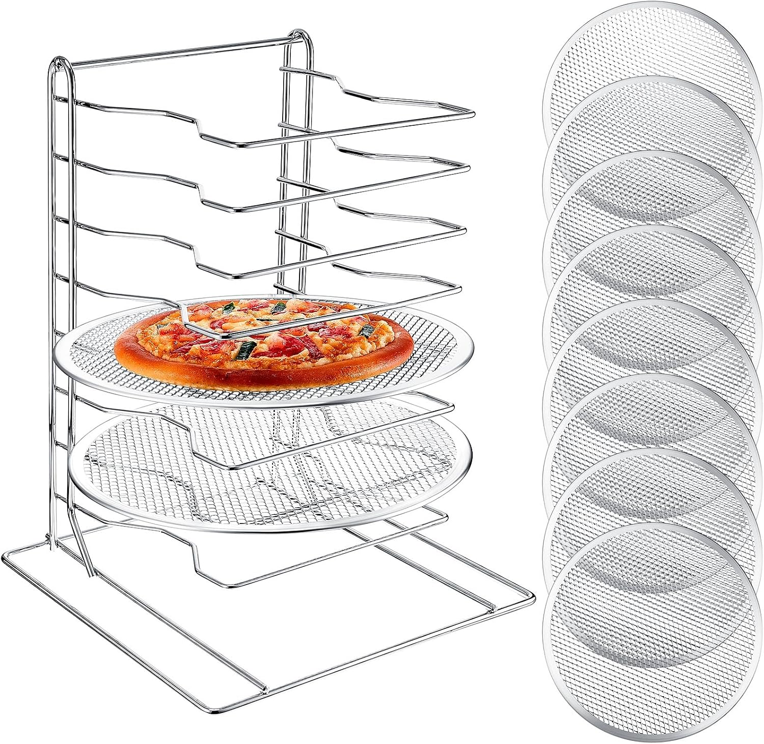 Commercial Kitchen For Baking - ピザラック 8段スタンド、穴あきアルミ製ベーキングパン8枚付き、業務用ピザ陳列棚、家庭用・レストラン・キッチン用カウンタートップ冷却ラックセット、12インチ