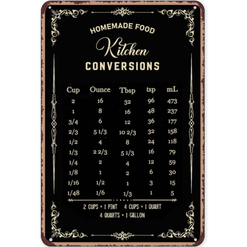 Kitchen Baking Conversion Chart - 素朴なブリキ看板装飾、ベーキングサイン、壁飾り、キッチン換算表、ベーキングサイン