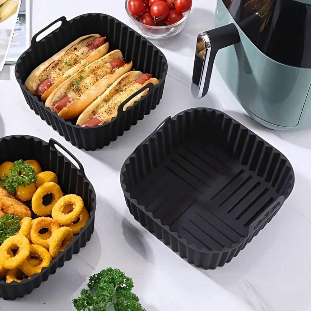 Kitchen Baking Supplies - 1個入り再利用可能なシリコン製エアフライヤーライナー、エアフライヤーアクセサリー、使い捨てベーキングトレイペーパーライナーの代替品、黒色の正方形、新学期用